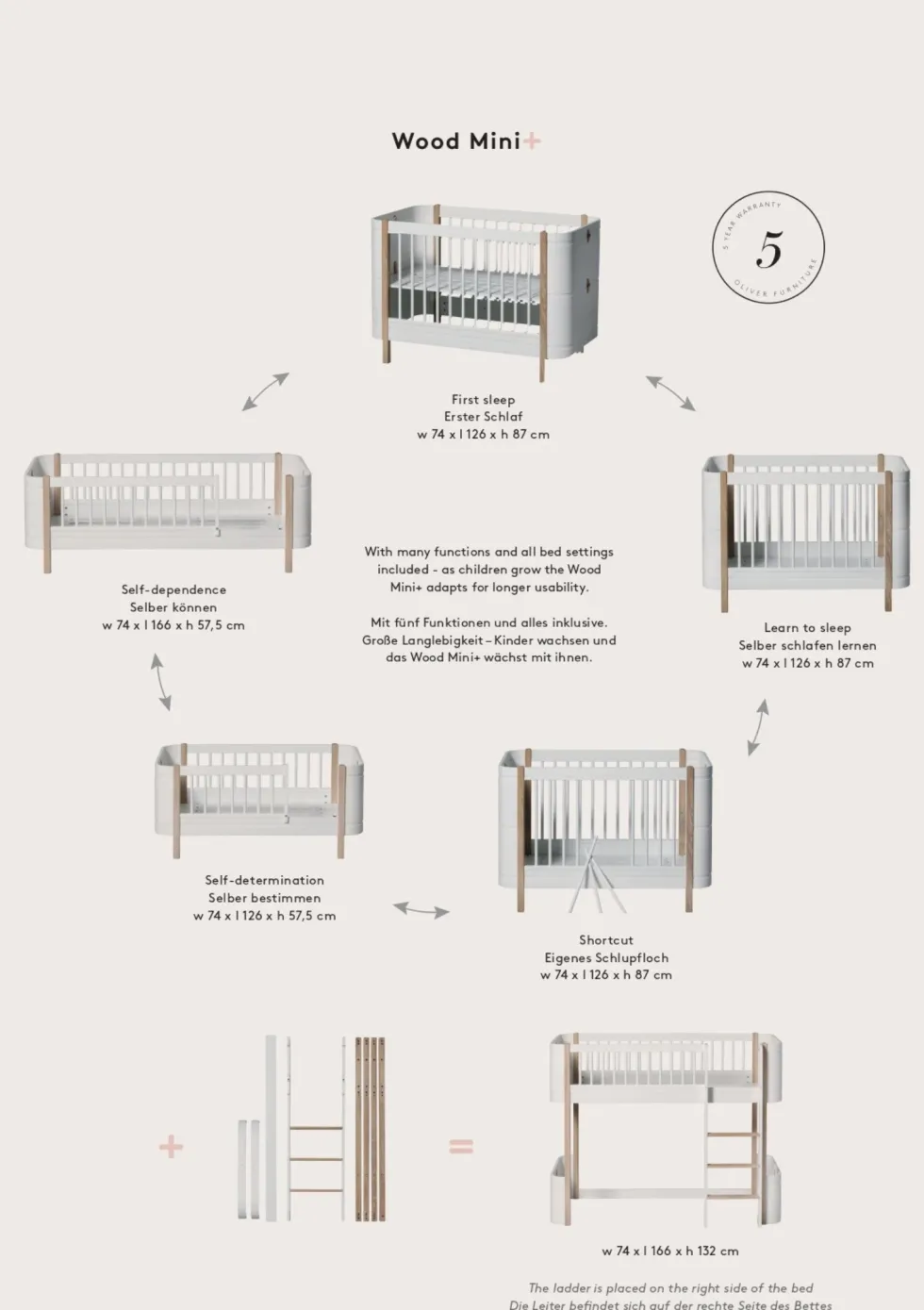 Babybett 'Wood Mini+' Eiche 122-162 x 68 cm