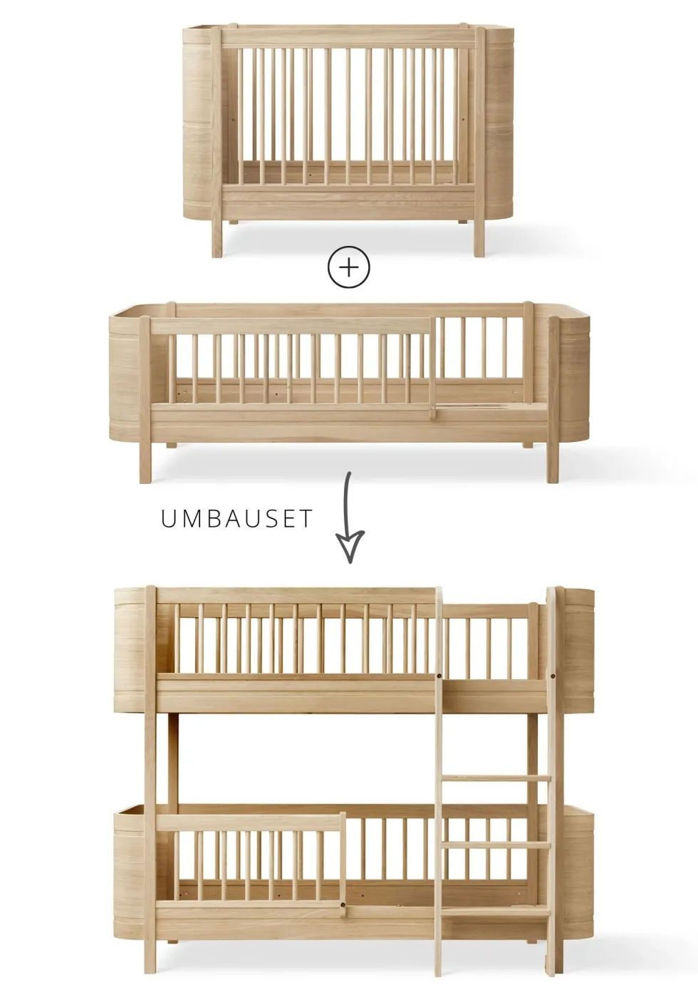 Umbauset für 'Wood Mini+' Baby- und Juniorbett zum halbhohen Etagenbett Eiche